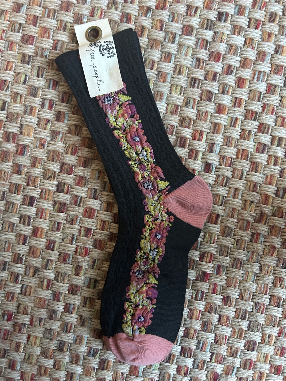 Free People Black Crew Socks with Pink Heel and Floral Stripe